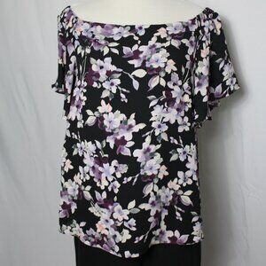 White House Black Market Black Top with Lavender Floral Print Women's Large